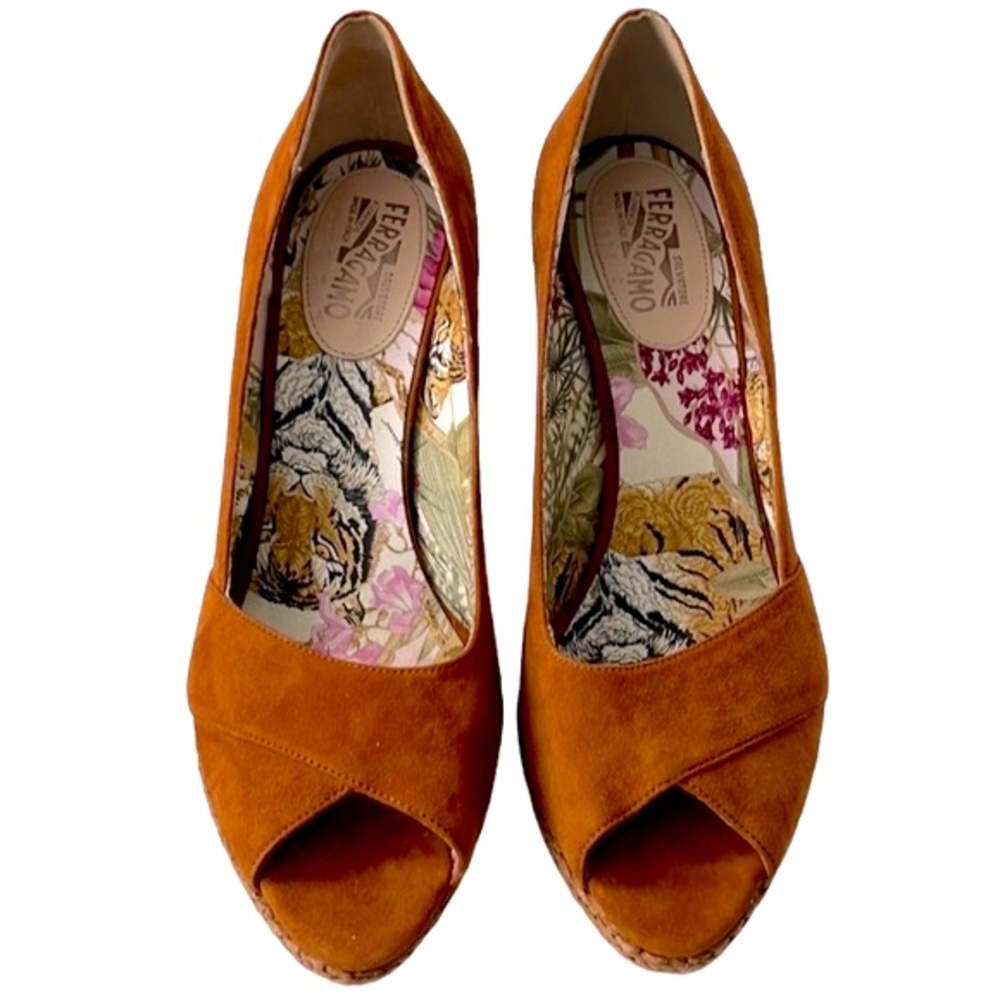 Salvatore Ferragamo Suede Espadrille Wedge, Cognac, size 9